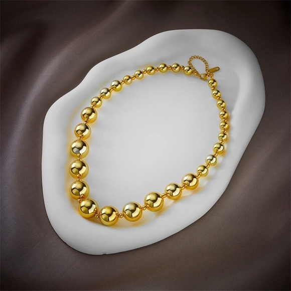 Gold Round Circle Link Chain Bead Balls Metallic Pearl Necklace - Picture 4 of 13